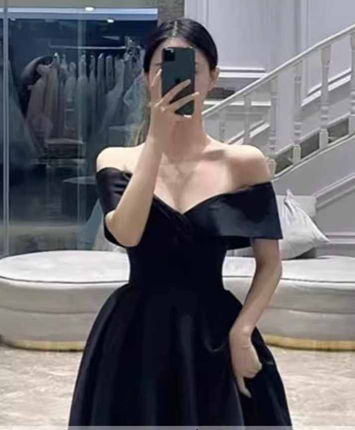 Simple A line Off The Shoulder Satin Black Long Prom Dresses C107