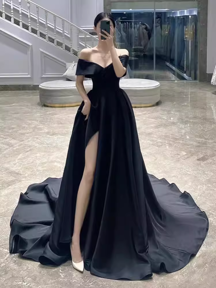 Simple A line Off The Shoulder Satin Black Long Prom Dresses C107