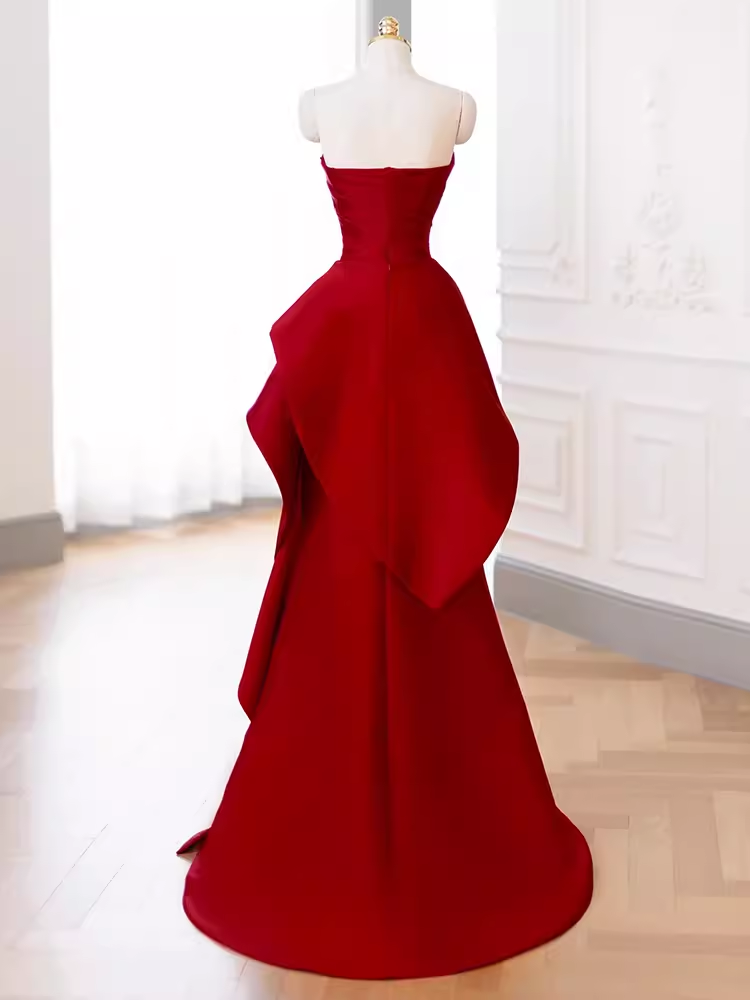 Modest Mermaid Strapless Red Satin Long Prom Dresses C10
