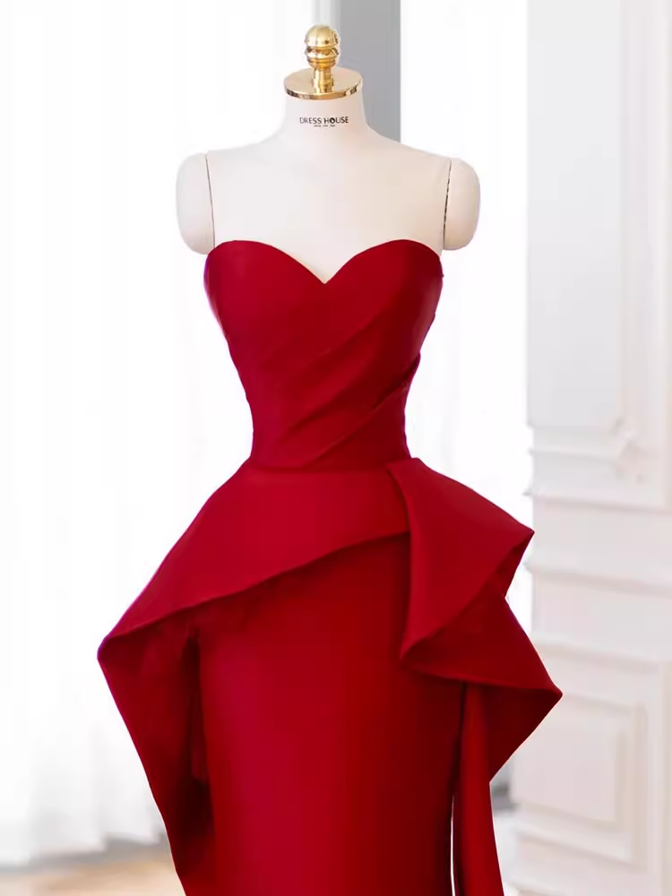 Modest Mermaid Strapless Red Satin Long Prom Dresses C10