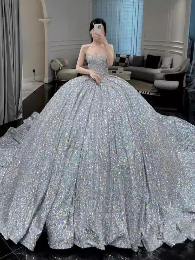 Ball Gown Strapless Sequin Silver Long Prom Dresses C110 – BlingDress