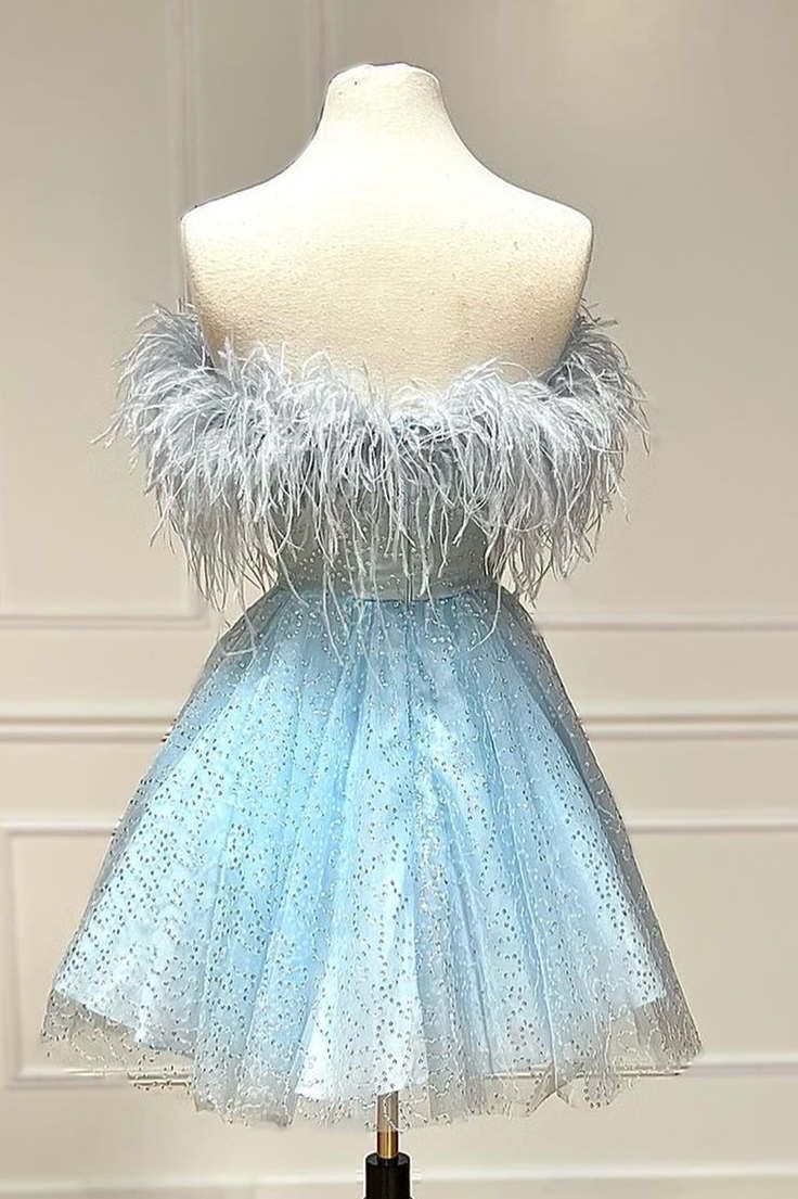 Robe trapèze courte sans bretelles en plumes bleues, tenue d'anniversaire, C1111
