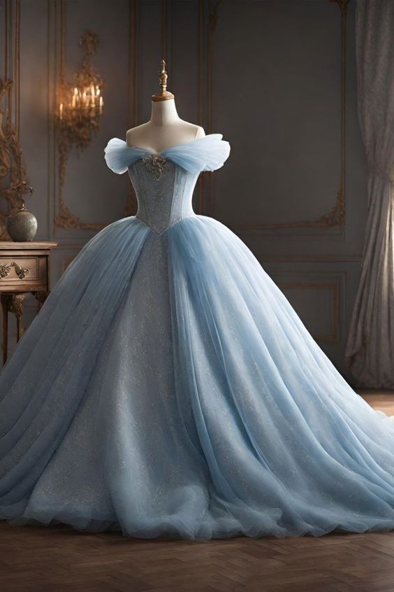Modest Ball Gown Off The Shoulder Tulle Long Light Sky Blue Sweet 16 D BlingDress Modest Ball Gown Off The Shoulder Tulle Long Light Sky Blue Sweet 16 D BlingDress
