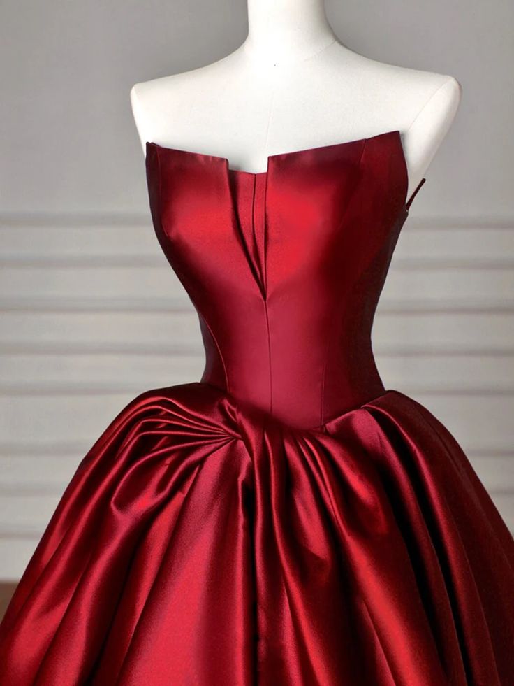 Robe de soirée longue en Satin bordeaux, ligne A, sans bretelles, Vintage, robes de bal, C1153