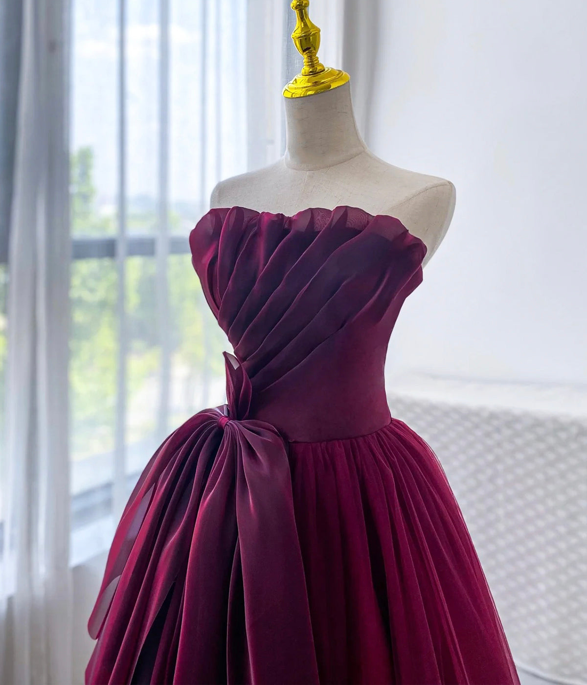 Robe de soirée Vintage en Tulle bordeaux, ligne A, sans bretelles, robes de bal, C1155