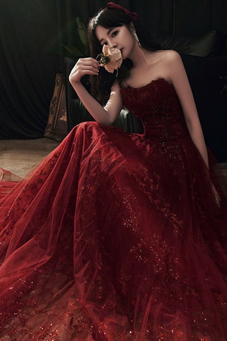 Robe de soirée longue en tulle bordeaux et dentelle, robe de soirée formelle en tulle rouge vin C1163