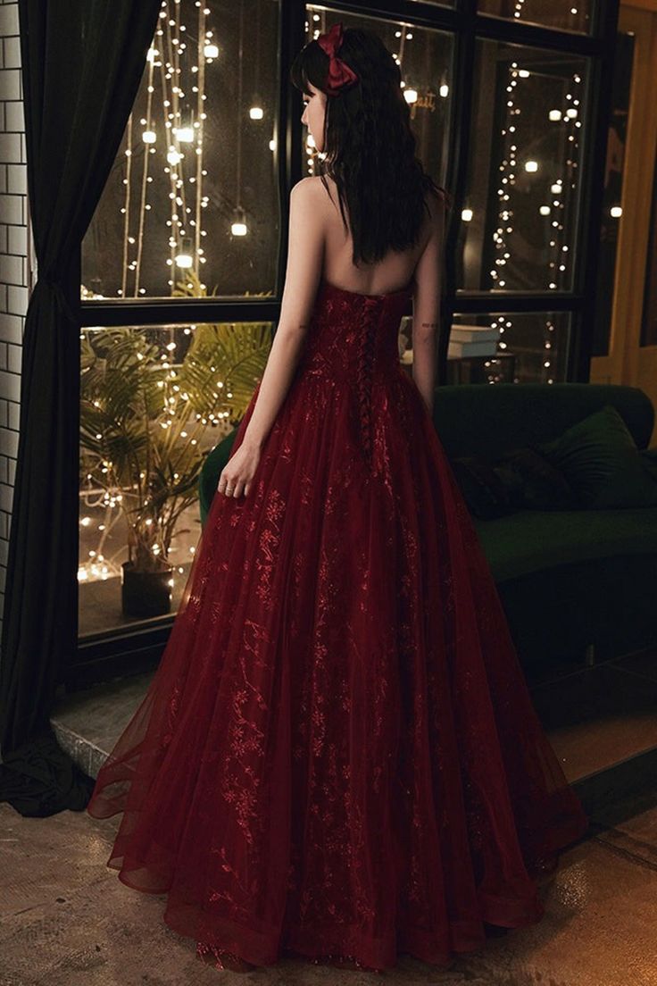 Robe de soirée longue en tulle bordeaux et dentelle, robe de soirée formelle en tulle rouge vin C1163