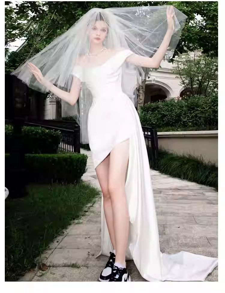 Vintage High Low Off The Shoulder White Satin Wedding Dresses C119