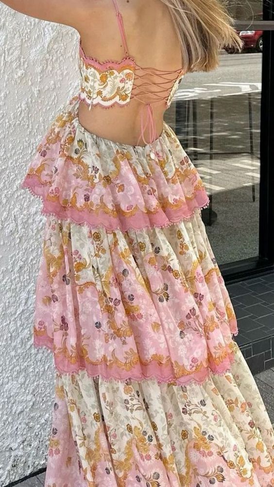 Jolie robe de bal longue ligne A, bretelles Spaghetti, motif floral, dos nu, rose, C1216