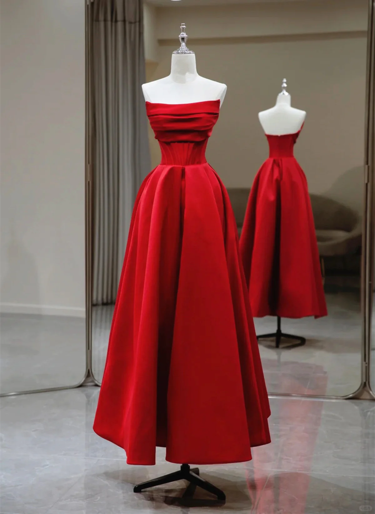 A line Strapless Red Satin Sleeveless Long Prom Dress C1218