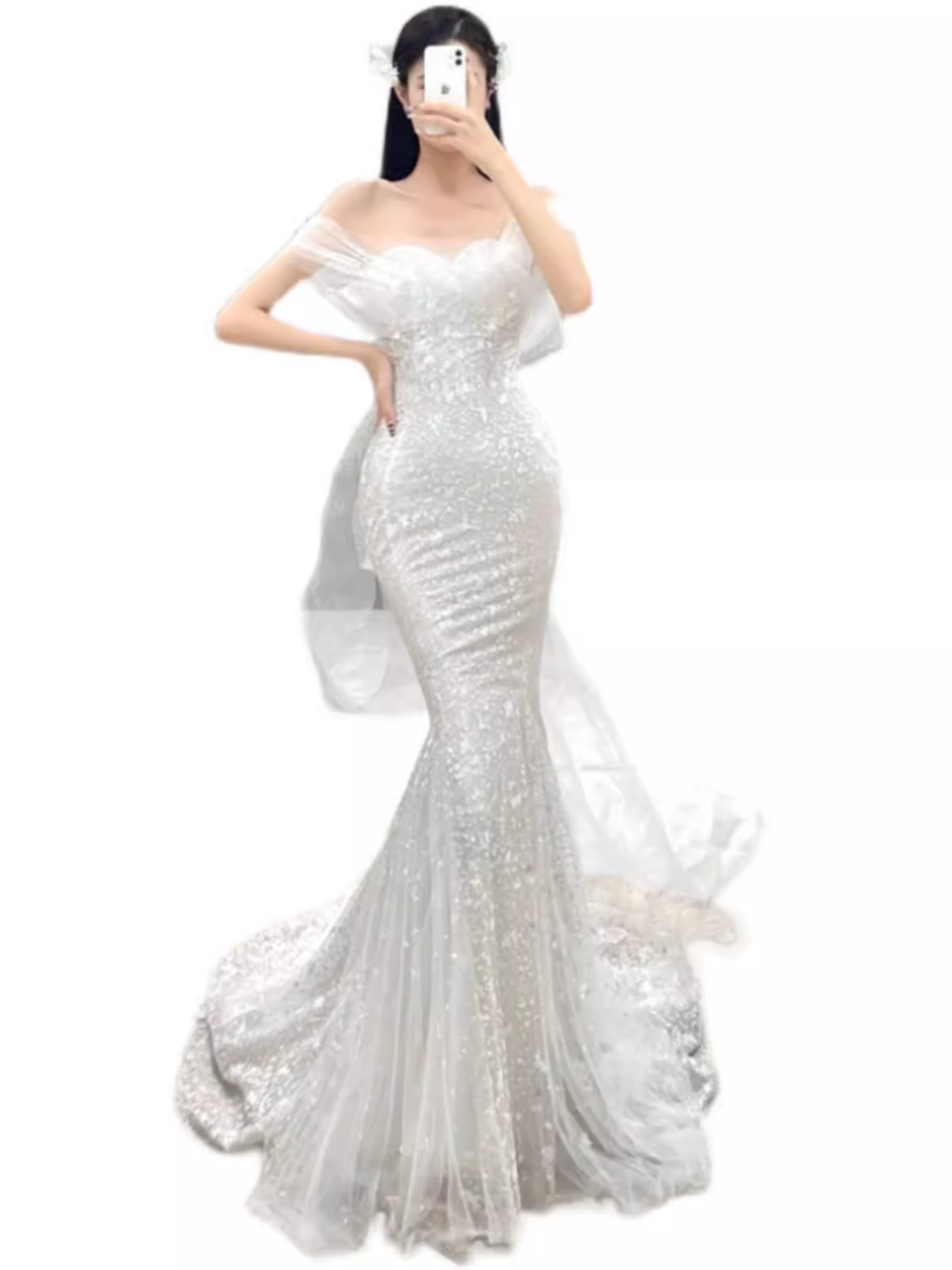 Fairytale Mermaid Off The Shoulder Long Sequin White Wedding Dresses C1231