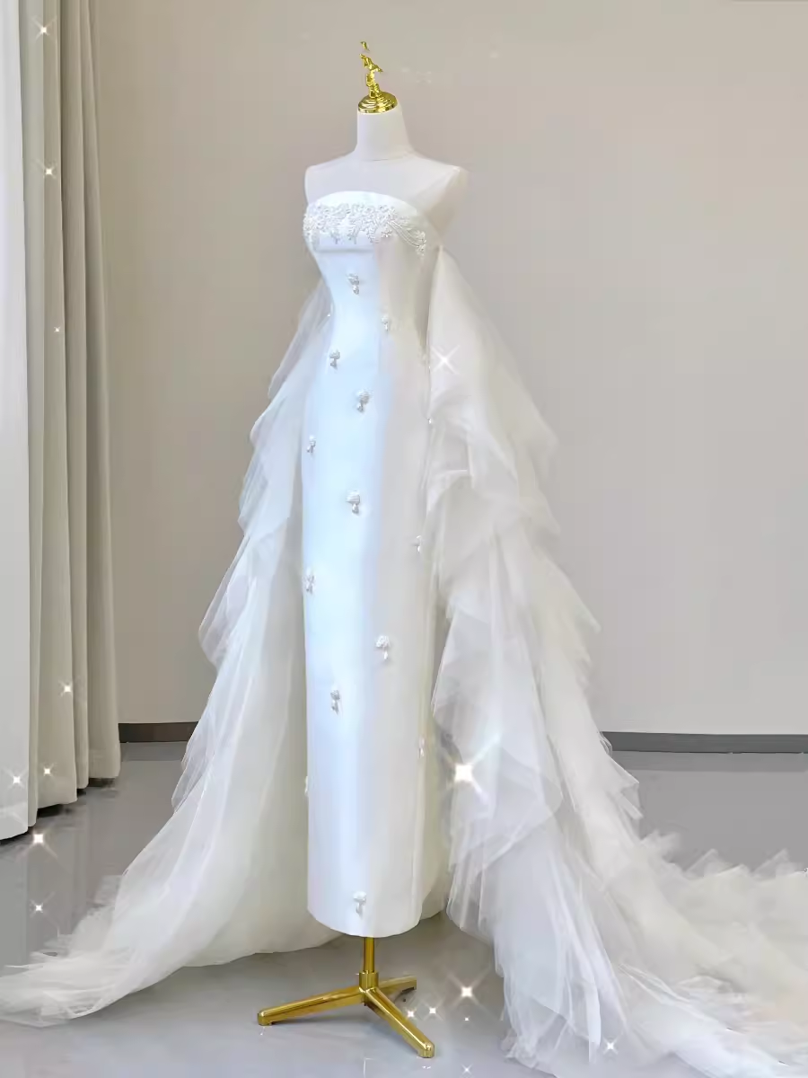 Fairytale Mermaid Strapless Satin White Wedding Dresses C1236