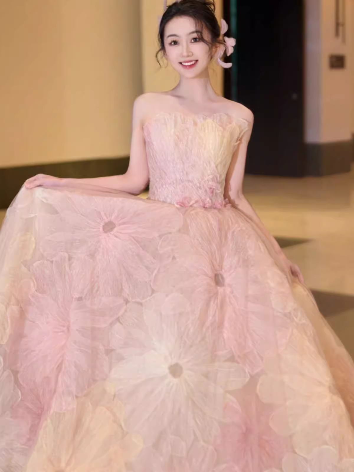Fairytale Ball Gown Strapless Lace Pink Floral Wedding Dresses C1237