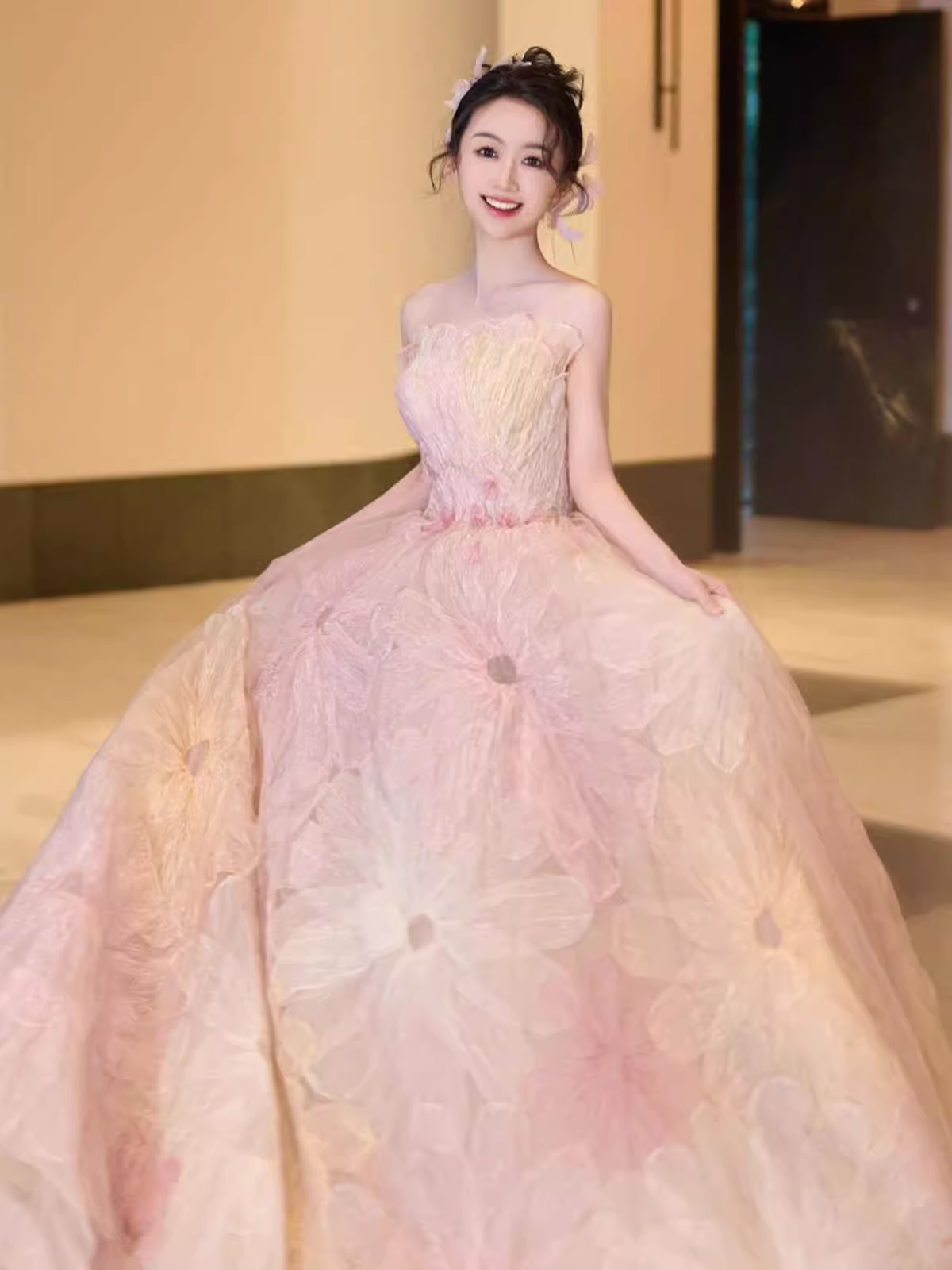 Fairytale Ball Gown Strapless Lace Pink Floral Wedding Dresses C1237