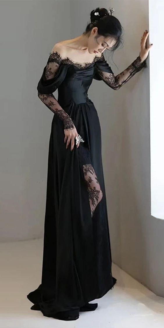 Fairytale Mermaid Long Sleeves Lace Black Off The Shoulder Wedding Dress C1241
