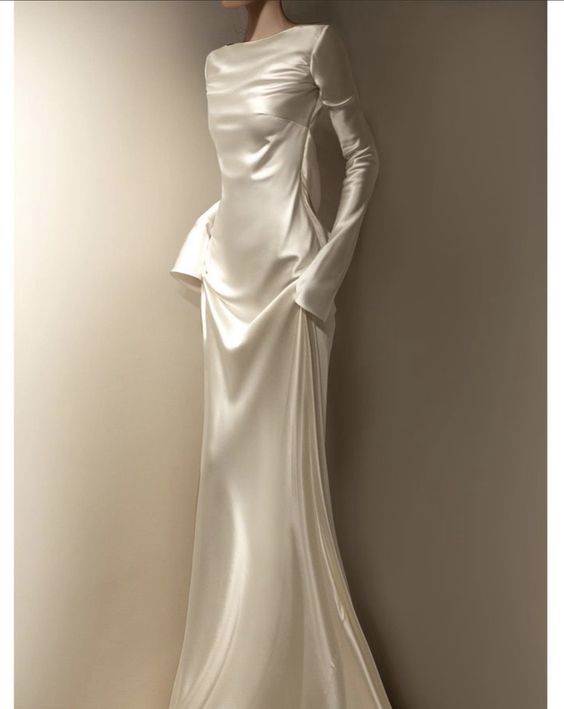 Fairytale Mermaid Scoop Neckline Long Sleeves Satin Long Wedding Dress C1248