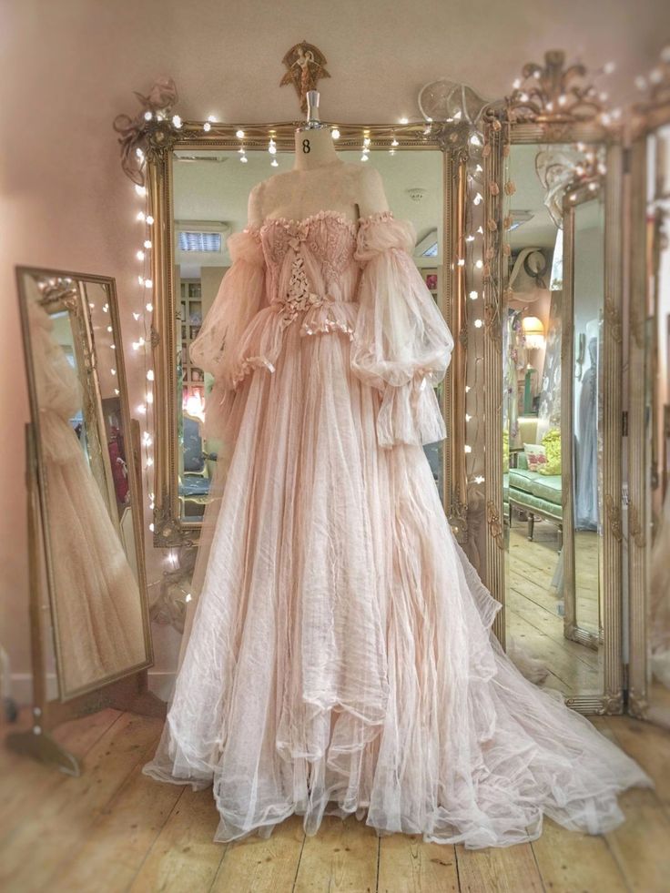 Fairytale A line Off The Shoulder Long Sleeves Pink Tulle Wedding Dress C1257