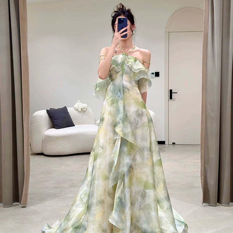 Elegant A Line Halter Chiffon Ombre Green Long Prom Dresses Evening Party Dress CC1260