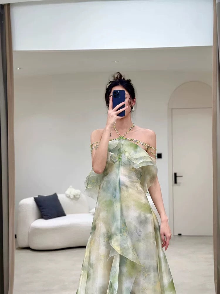Elegant A Line Halter Chiffon Ombre Green Long Prom Dresses Evening Party Dress CC1260