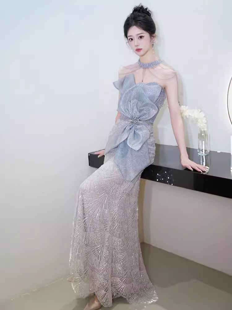 Robe de soirée longue en paillettes, style sirène, sexy, décolleté haut, perles, robe de bal, C1336