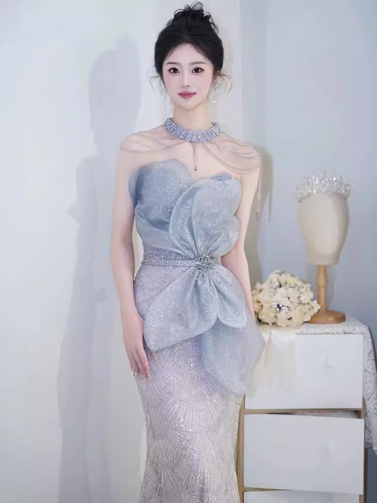 Robe de soirée longue en paillettes, style sirène, sexy, décolleté haut, perles, robe de bal, C1336