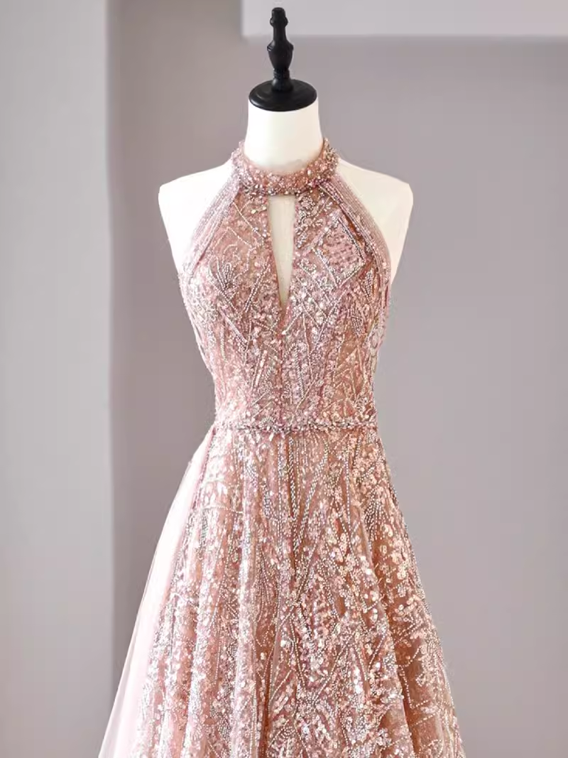 Sexy A Line High Neckline Sequin Long Evening Dress Beads Prom Dress C1337
