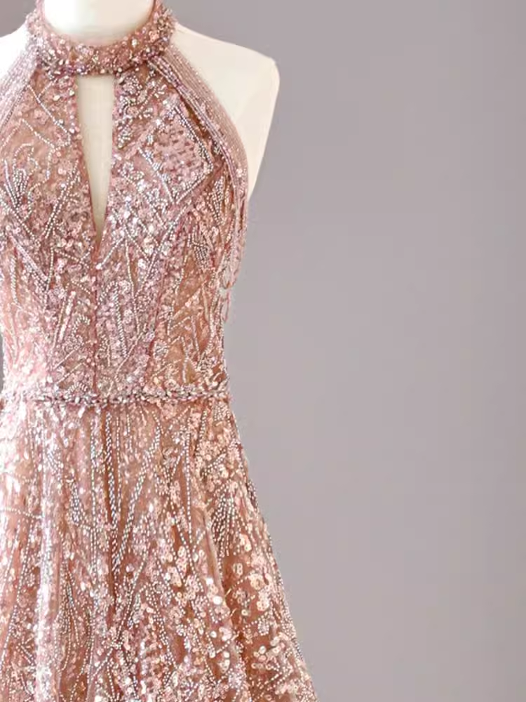 Sexy A Line High Neckline Sequin Long Evening Dress Beads Prom Dress C1337