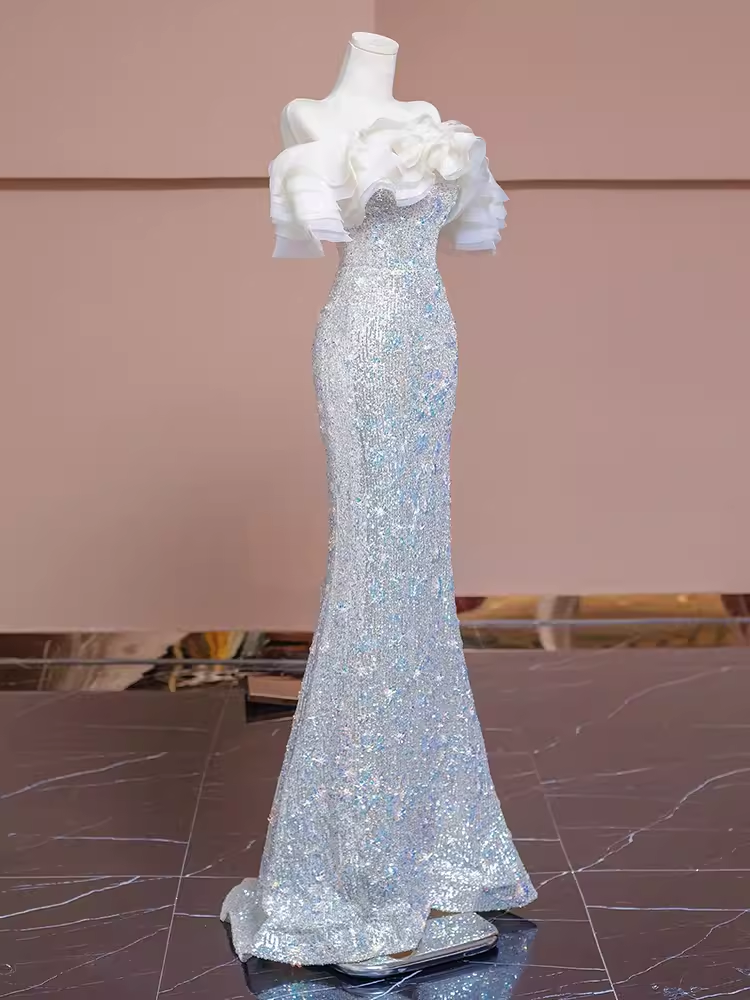 Robe de soirée longue à paillettes, style sirène, épaules dénudées, avec perles, robe de bal, C1338