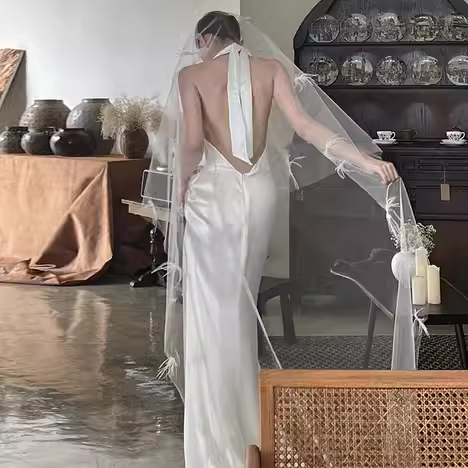 Vintage Mermaid Halter Backless White Satin Wedding Dresses C133