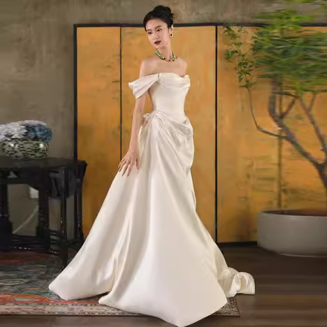Simple A Line Off The Shoulder Satin Wedding Dresses C139