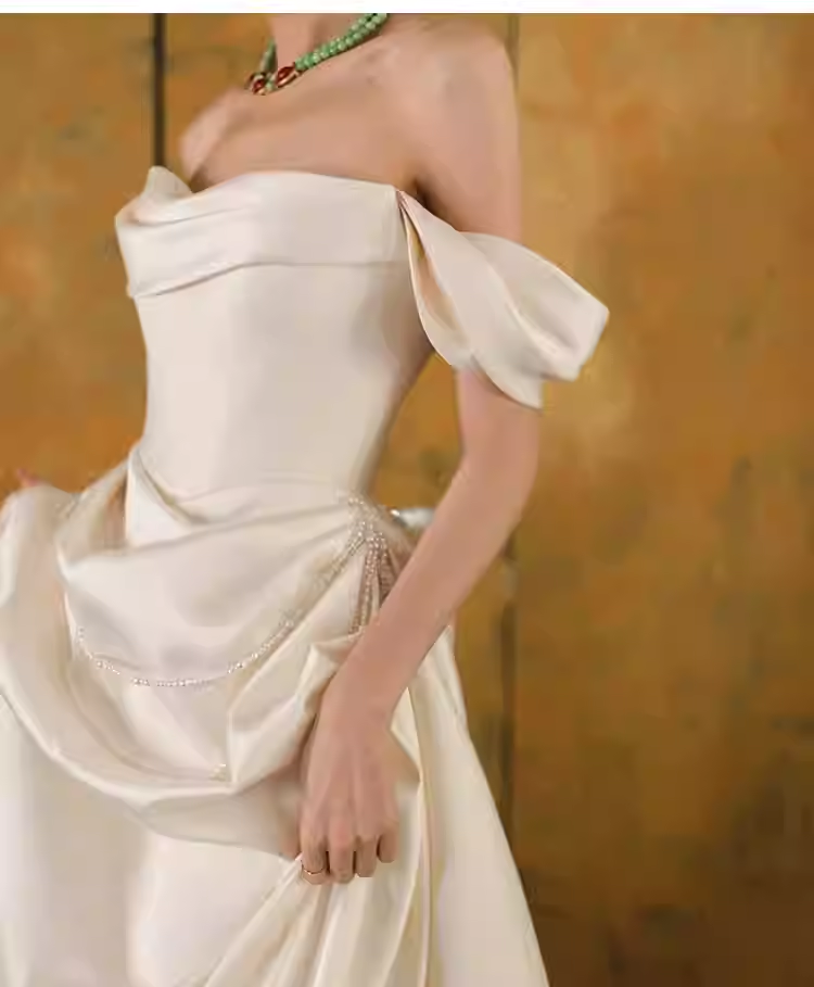 Simple A Line Off The Shoulder Satin Wedding Dresses C139