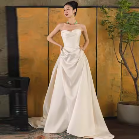 Simple A Line Off The Shoulder Satin Wedding Dresses C139