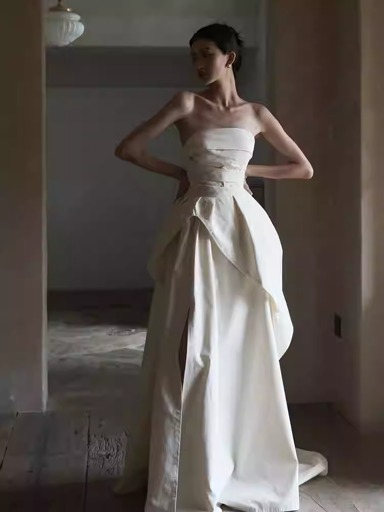Simple A Line Strapless White Slit Satin Wedding Dresses C140
