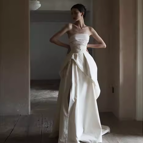 Simple A Line Strapless White Slit Satin Wedding Dresses C140