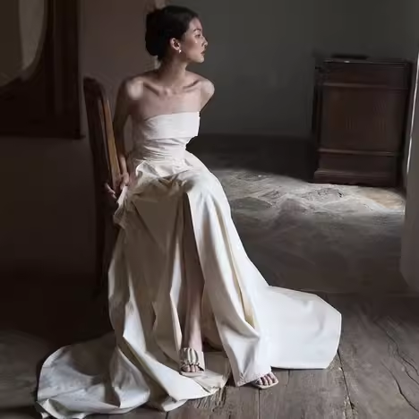 Simple A Line Strapless White Slit Satin Wedding Dresses C140
