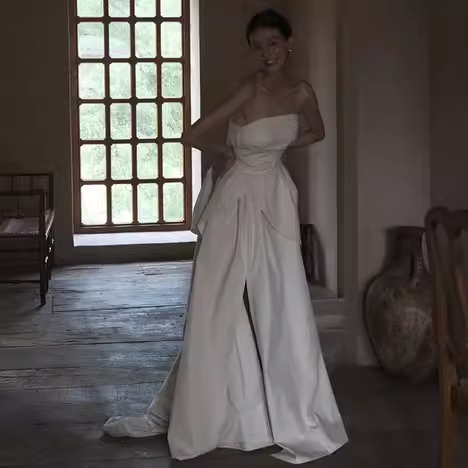 Simple A Line Strapless White Slit Satin Wedding Dresses C140