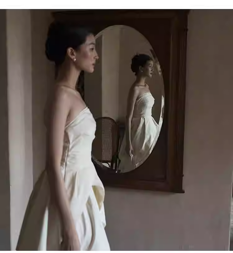 Simple A Line Strapless White Slit Satin Wedding Dresses C140