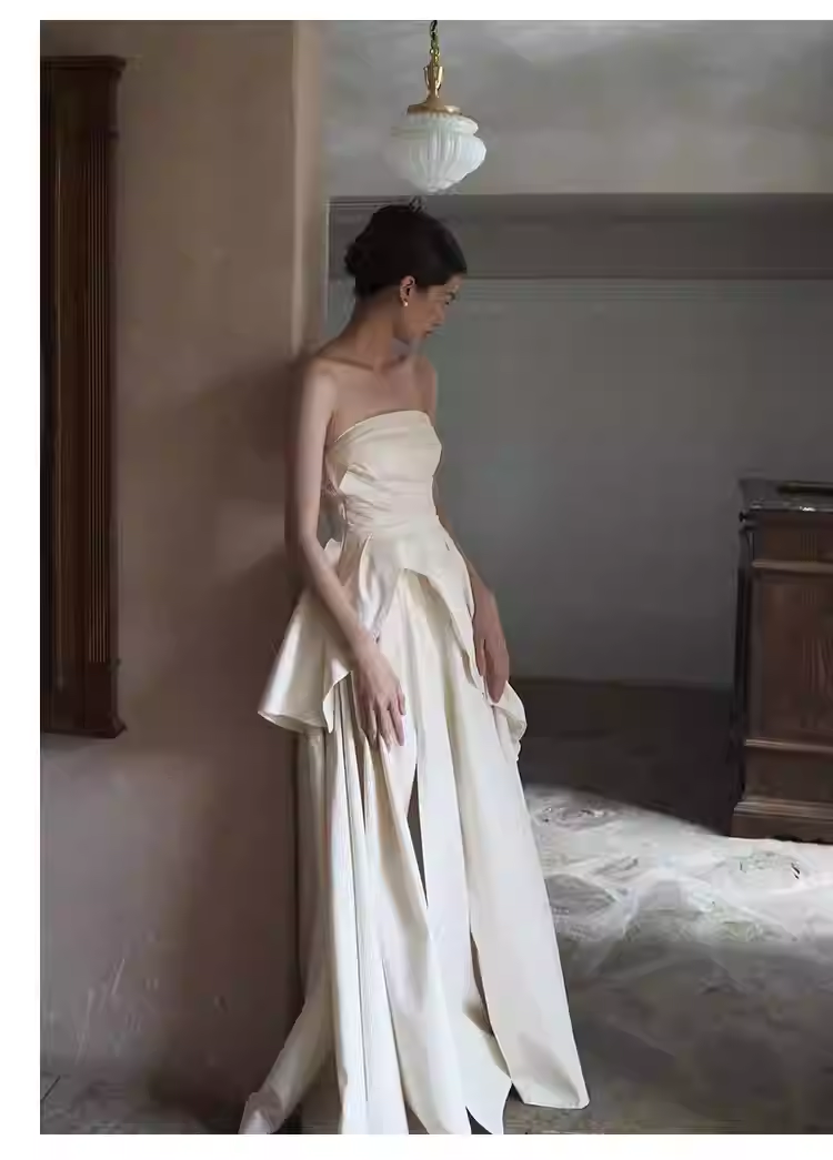 Simple A Line Strapless White Slit Satin Wedding Dresses C140