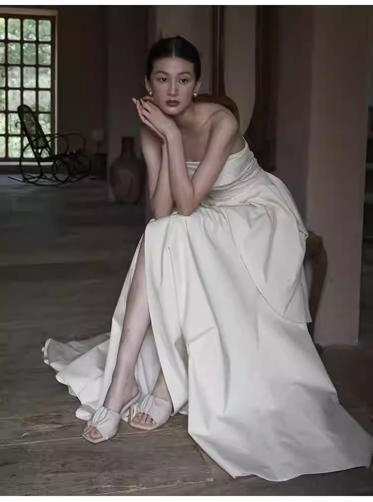 Simple A Line Strapless White Slit Satin Wedding Dresses C140