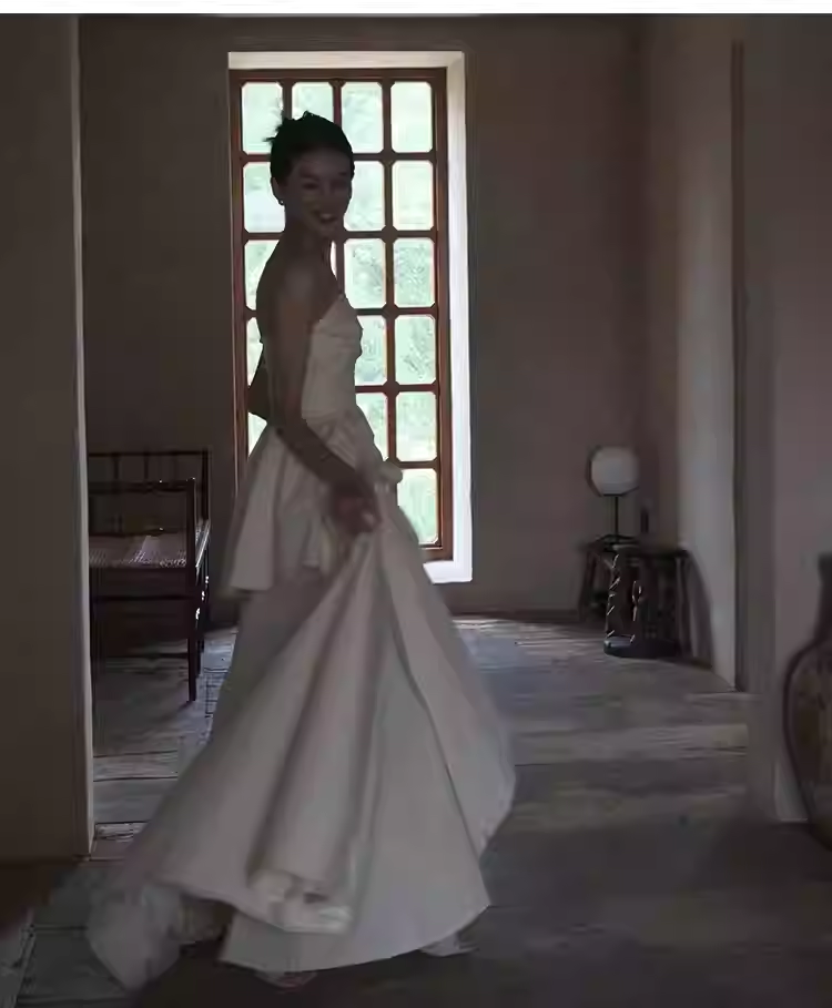 Simple A Line Strapless White Slit Satin Wedding Dresses C140