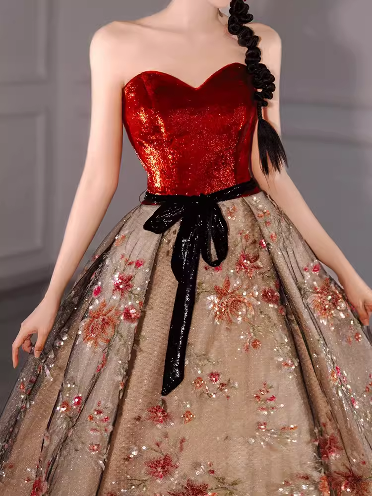 Robe de bal de conte de fées, sans bretelles, bordeaux, longue, à paillettes, robe de bal, C1441