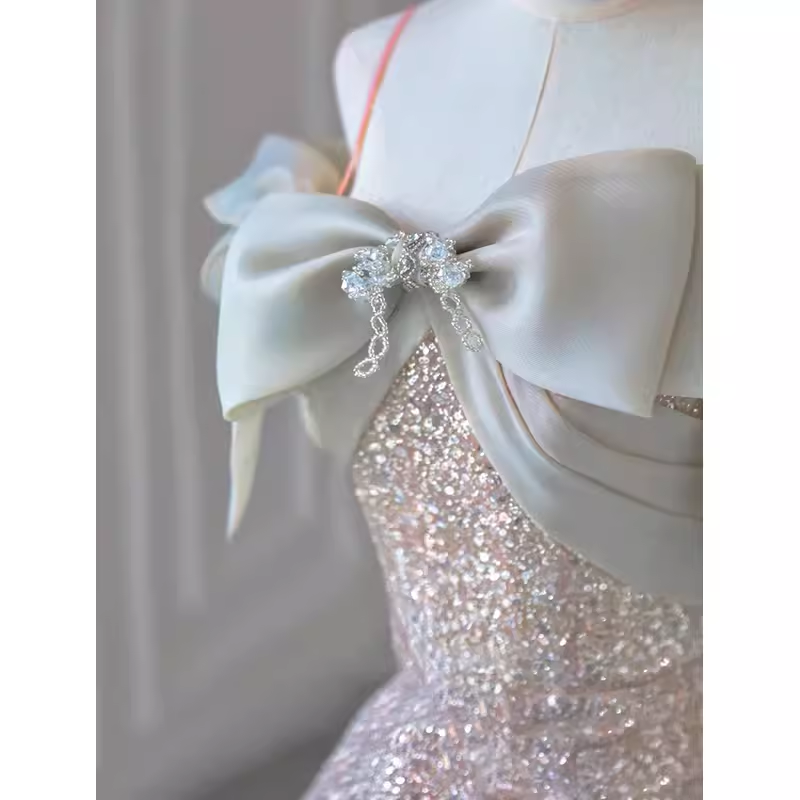 Conte de fées une ligne bretelles paillettes longue robe de soirée robe de bal C1442