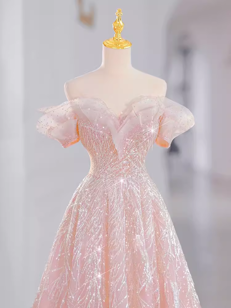 Conte de fées une ligne hors de l'épaule robe de soirée longue à paillettes rose robe de bal C1445