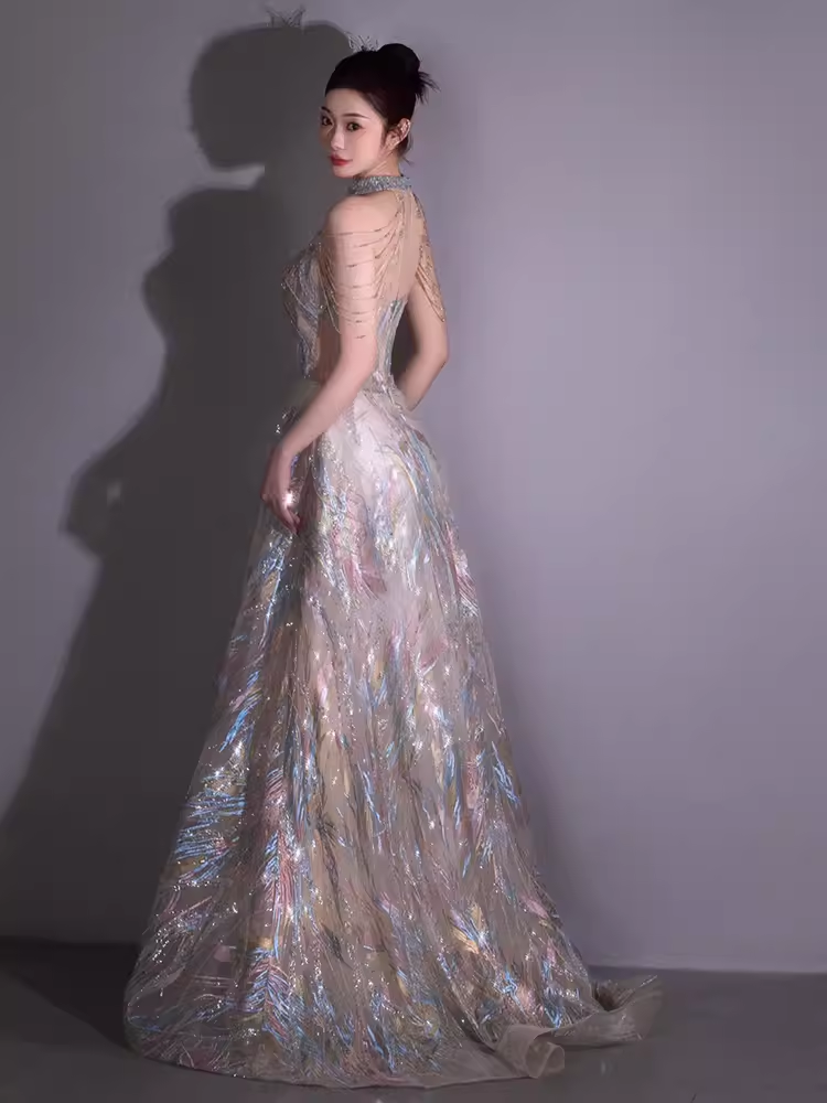 Conte de fées une ligne col haut paillettes perles longue robe de soirée robes de bal C1447