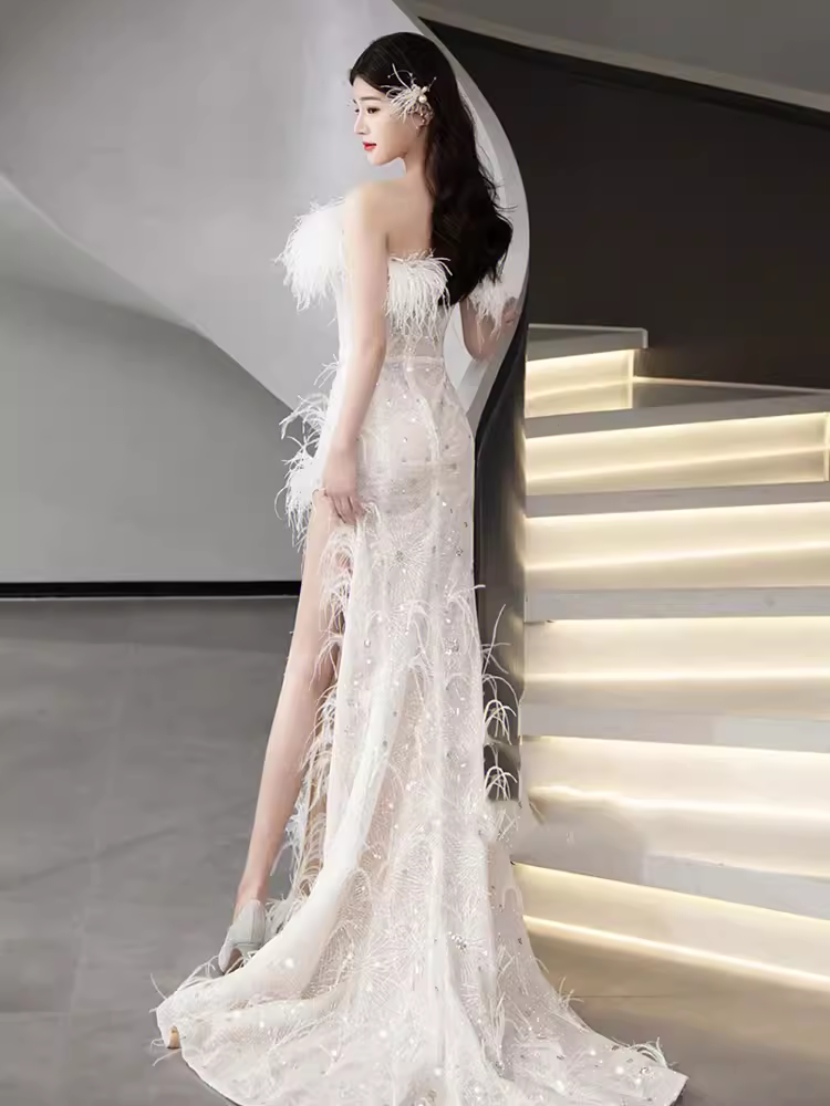 Fairytale Mermaid Strapless Sequin Beads Long Evening Dress Slit Prom Dresses With Feathers C1448