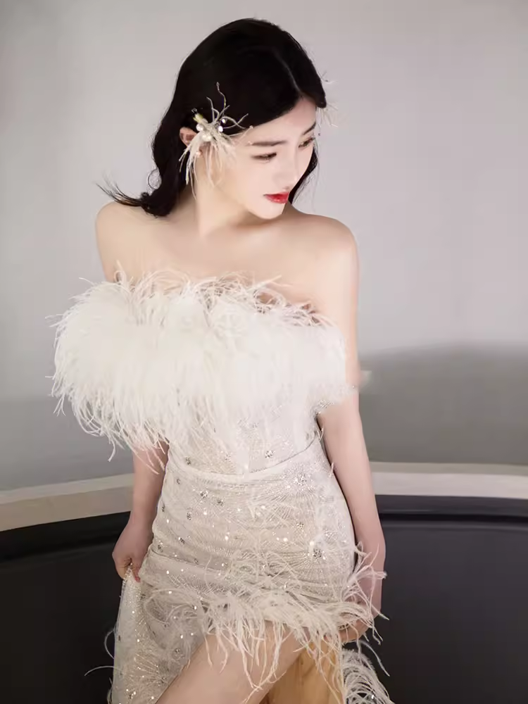 Fairytale Mermaid Strapless Sequin Beads Long Evening Dress Slit Prom Dresses With Feathers C1448
