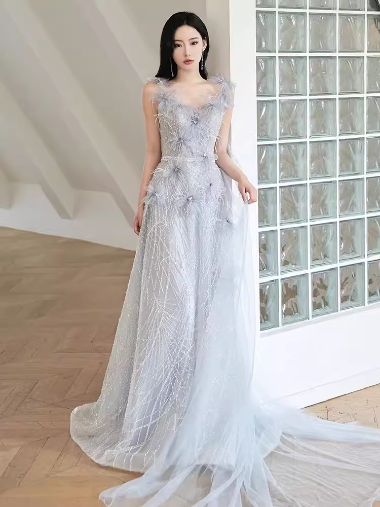 Fairytale A line Straps Sequin Beads Long Evening Dress Prom Dresses With Flowers C1449
