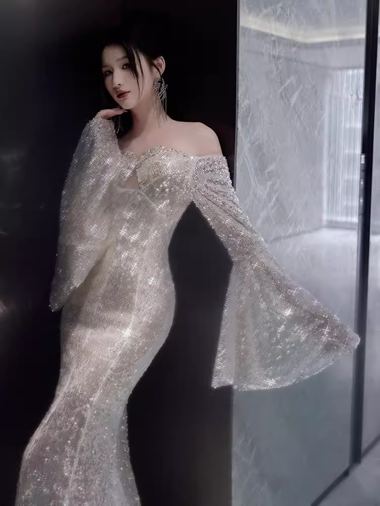 Sexy Mermaid Off The Shoulder Silver Sequin Long Prom Dress C1452