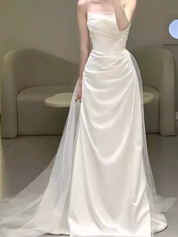 White Mermaid Strapless Satin Wedding Dress With Sleeves C1455
