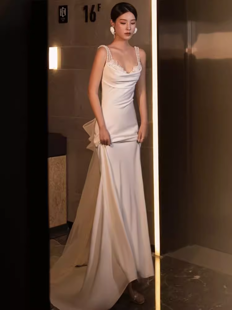 Chic Mermaid Straps Satin White Wedding Dress With Pearls C1458